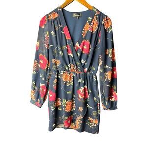 Lulus Floral Long Sleeve Mini Dress XS Surplice V-Neck Navy
 Fall Dress